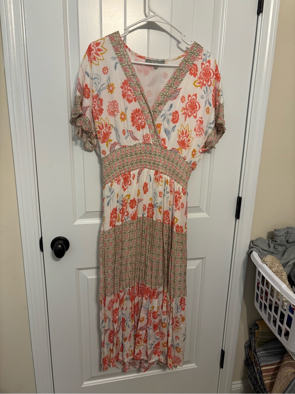 Bohemian Floral V-Neck Maxi Dress - White with Orange Floral